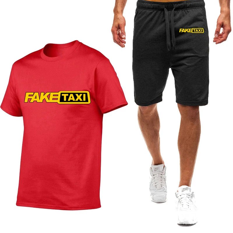 Fake taxi printing fashion 2023 new men's summer nine-color pure short-sleeved comfortable casual T-shirt sweatpants 2-piece set