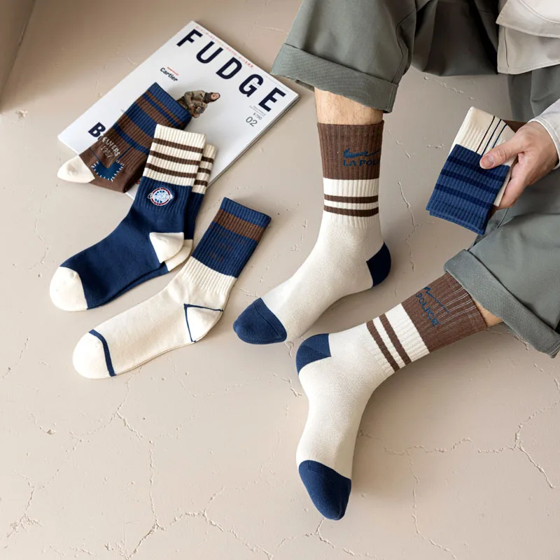 

Men'S Stockings Sports Cotton Sock Color Match Breathable Middle Tube Stockings Stripe Absorb Sweat Football Socks Men