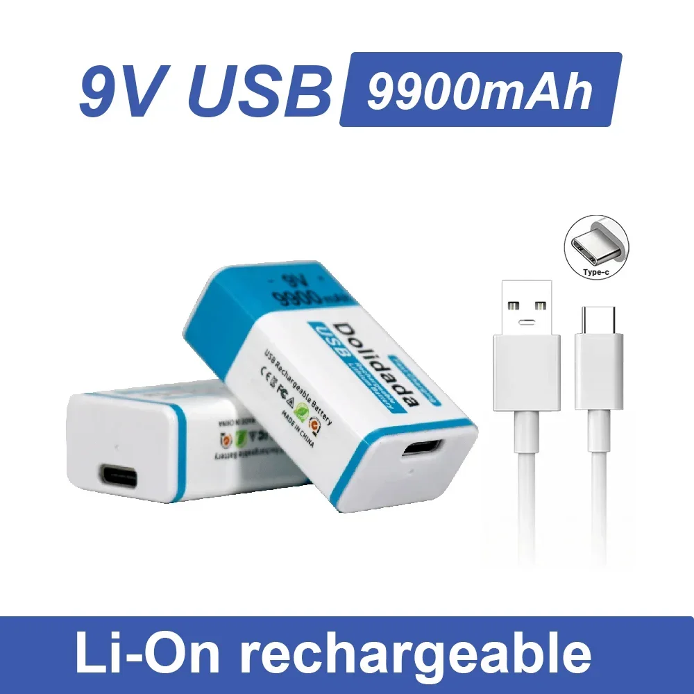 Литий-ионный перезаряжаемый аккумулятор для фонарика, 9 В, 100% мАч + USB