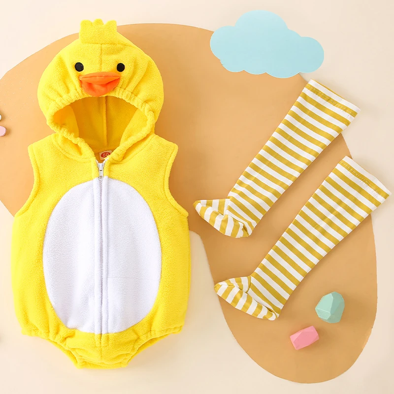 2025 Cute Yellow Animal Boys Girls Dress Up Romper With Socks Set Baby Newborn Duck Halloween Hooded Clothing Set