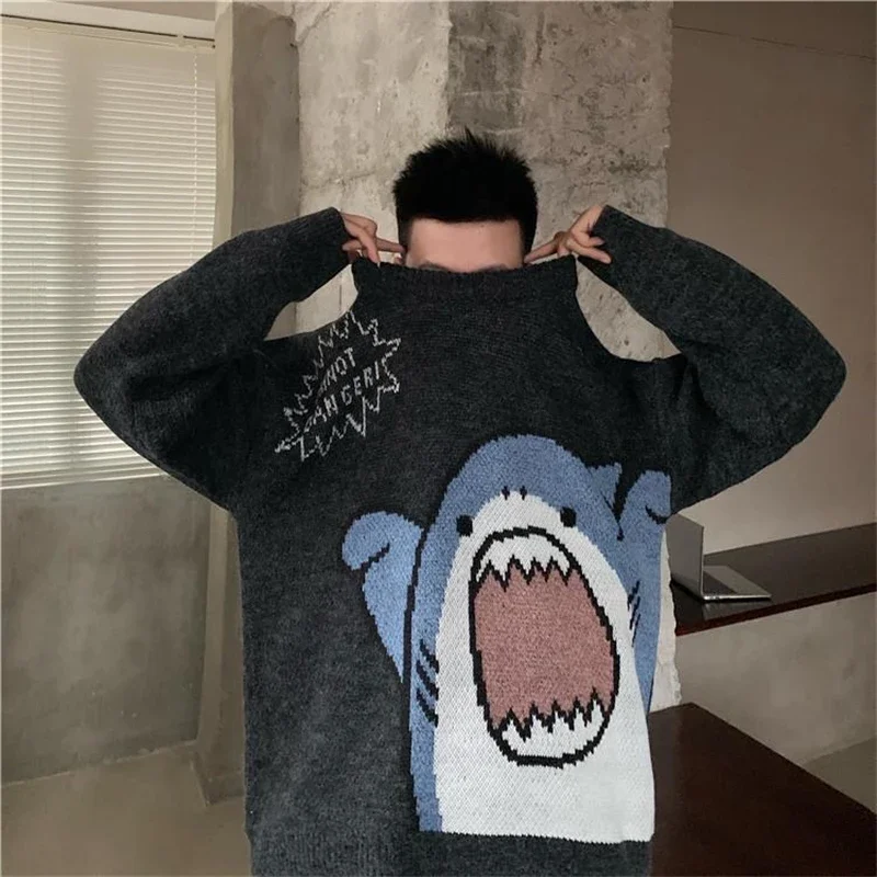 

Men Vintage Knitwear Cartoon Shark Sweaters Korean Y2k Winter Harajuku Oversized Turtleneck Pullover Sweater High Street Clothes