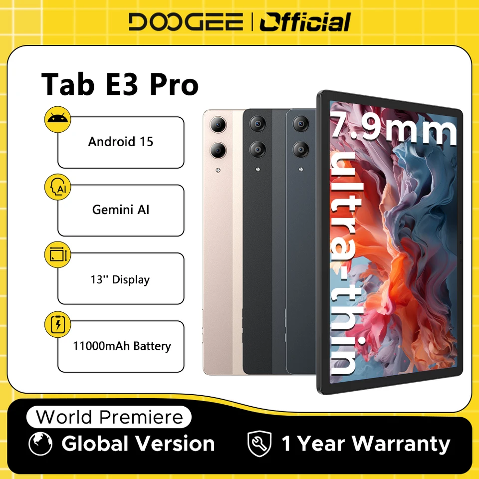 DOOGEE Tab E3 Pro Tablet Android 15 Gemini AI 13'' Display 7.9mm