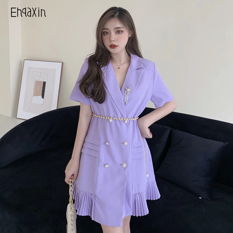 

EHQAXIN 2022 Summer Ladies Suit Dress High-End Temperament A-Shaped Button Beads Chain Tie Dress Fashion Office Has Brooch M-4XL