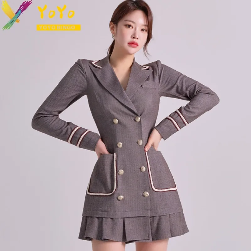 

Elegant Formal Coffee Double-breasted Pocket Long Sleeve Suit Dress 2023 Autumn Winter Slim Bodycon Chic Work Wear Dress