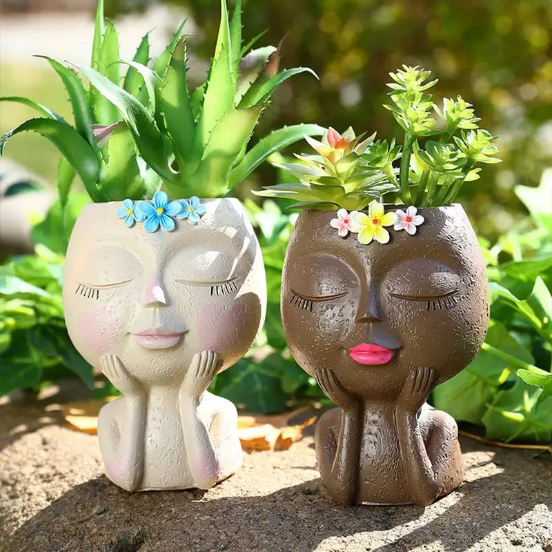 Girls Face Head Figurine Flower Pot Succulent Plant Resin Pots Girls Face Flower Planter Resin Crafts Succulent Plant Flowerpot