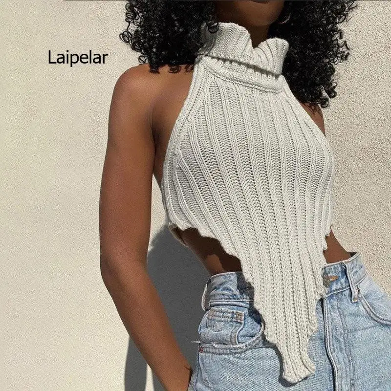 

Laipelar Knitted Halter Sleeveless Tank Top Sexy Turtleneck Skinny Elastic Wild Elegant Basic Streetwear Summer Fashion Vest