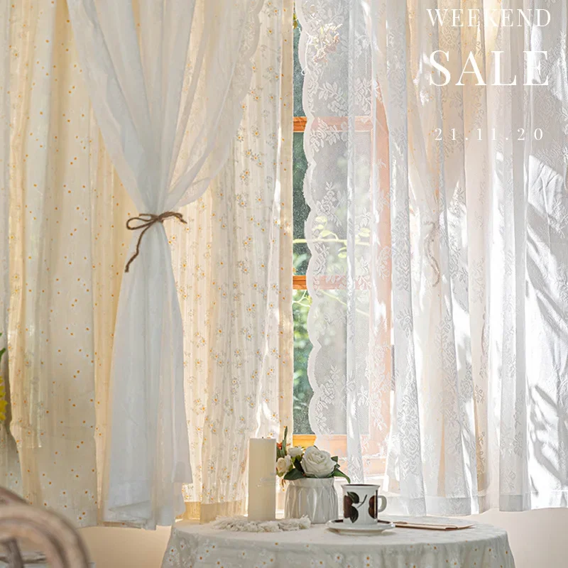 OQ5M Wholesale Double Layer French Vintage Curtains American Rustic White Lace Gauze Curtains Princess Wind Balcony Floating 2