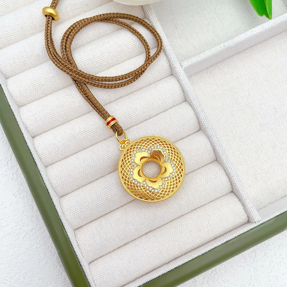 9999 24K real gold inlaid silk safety buckle pendant hollow disc necklace Chinese chic ethnic sweater for men and women