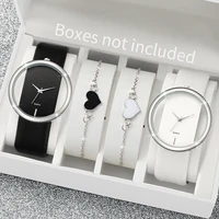 4pcs/Set Simple Style Women's Leather Strap Quartz Watch Heart Bracelet 1