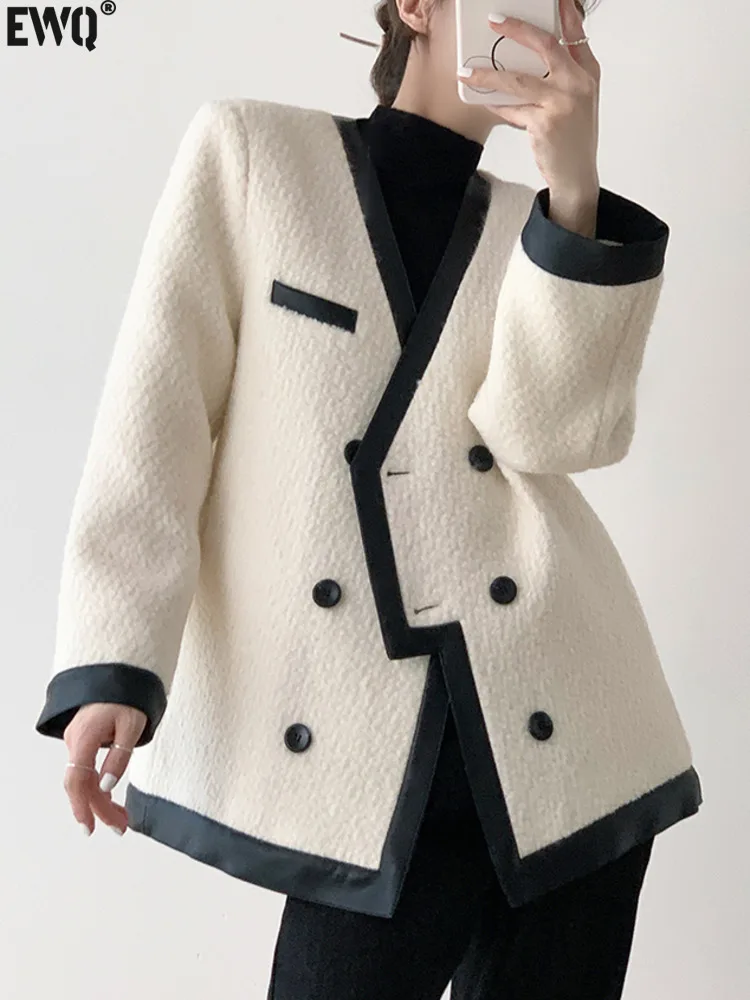 

[EWQ] Korean High Quality Temperament White V-neck Double Breasted Fashion Woolen Coat Jackets 2024 Spring Autumn New 16U6924