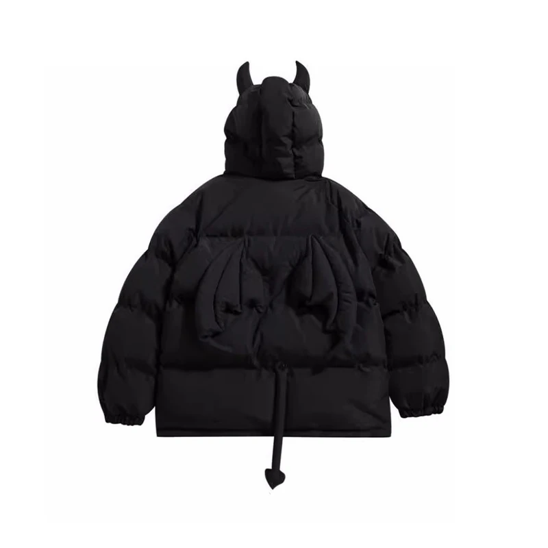 Women Black Gothic Thicken Parkas Jacket Hip Hop Devil Horns Wing Couple Hooded Padded Jacket Streetwear Emo Coat Winter Clothes 5