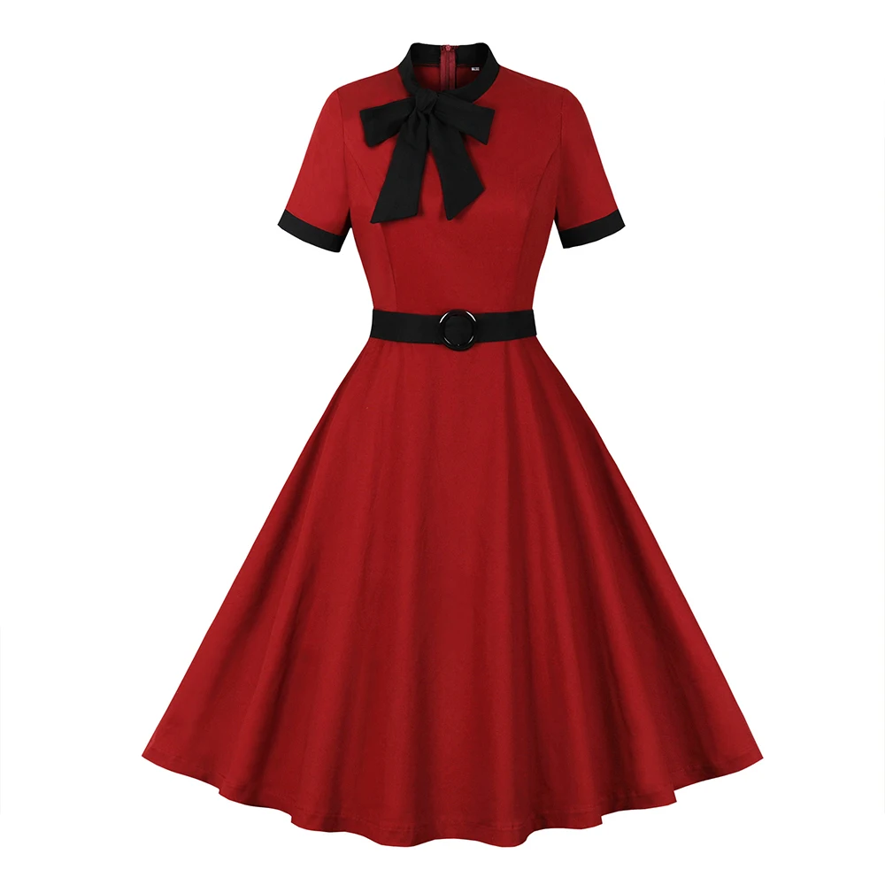 

2024 Short Sleeve Wine Red Cotton Vintage Dress VD4369 A Line Swing Bow Neck Summer Dresses for Women with Belt