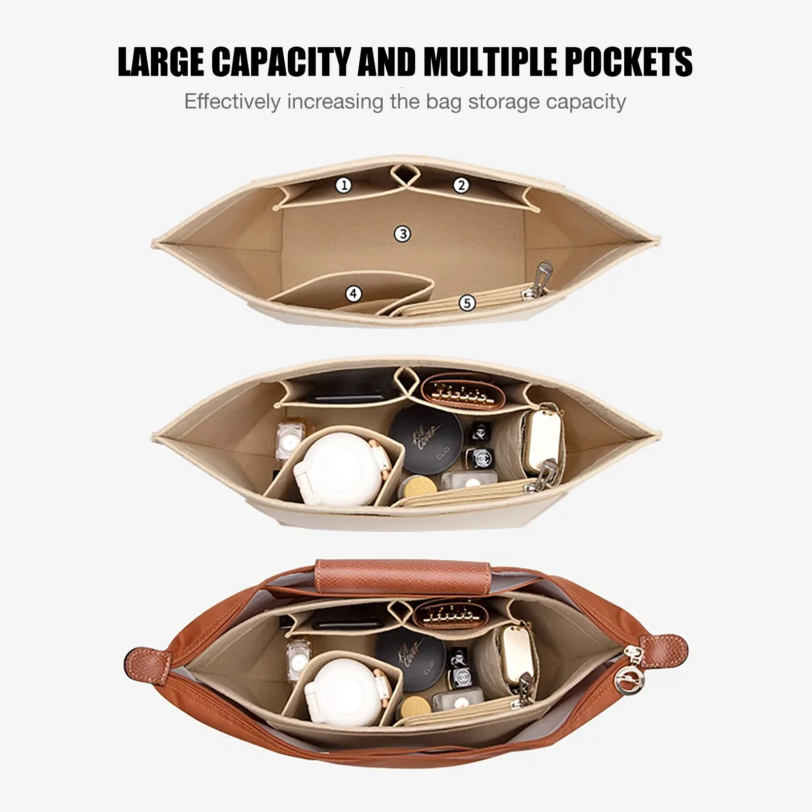 Filz-Einsatztasche, passend für Longchamp Handtasche, Liner-Tasche, Filztuch, Make-up-Tasche, Unterstützung für Reisen, tragbarer Einsatz-Geldbörsen-Organizer – Detail 4