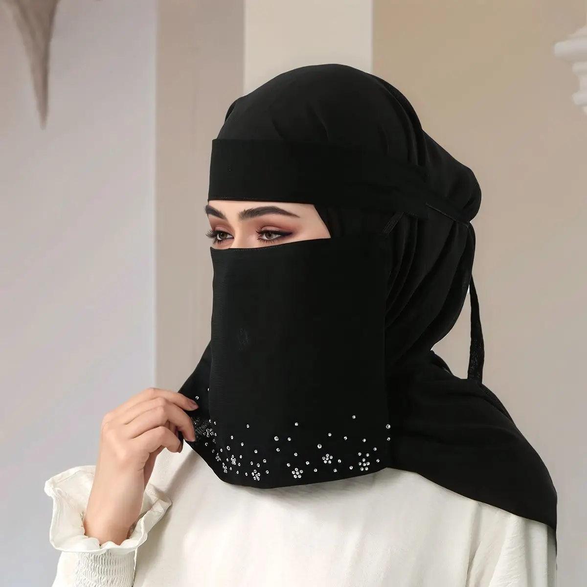 Muslim Face Cover Hijab Headscarf Flower Diamond Islamic Strap Scarf Headcover Women Veil Modal Cotton Prayer Breathable wrap