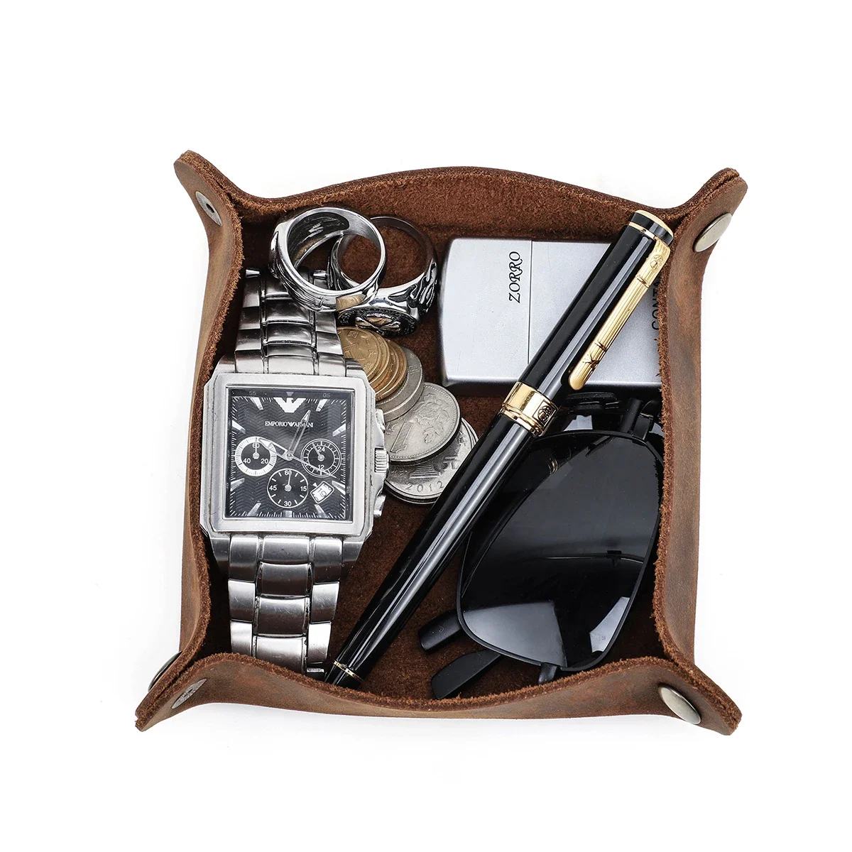 Storage Tray Creative Genuine Leather Valet Snap Home Office Desk Organizer Jewelry Pen Key Coin Desktop Folding storage tray,office supplies set