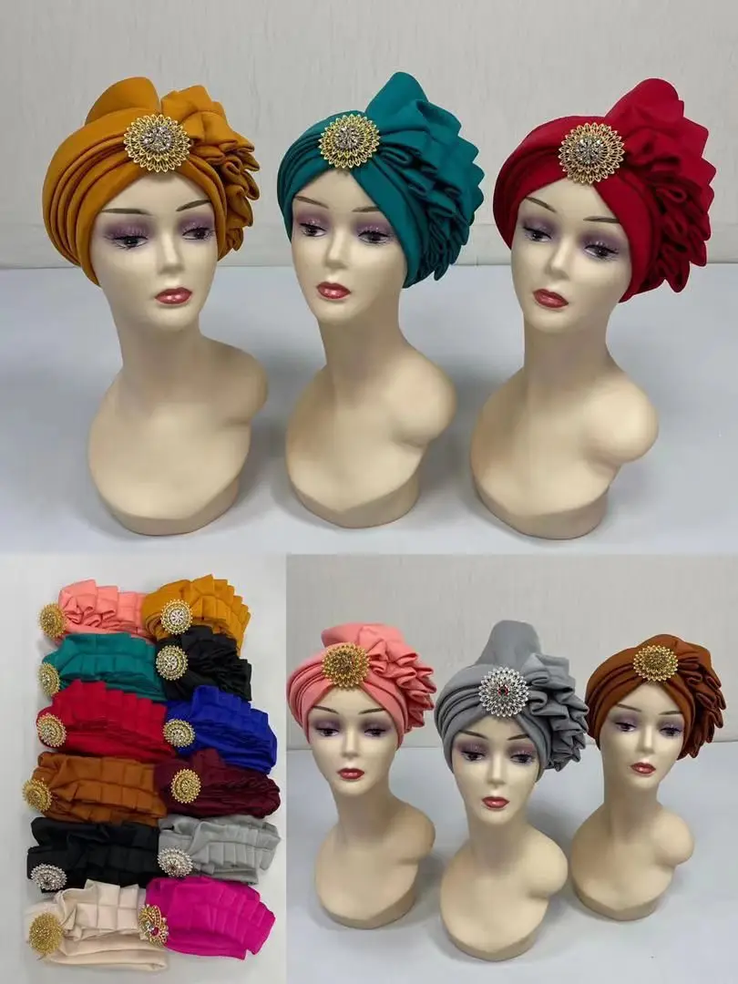 

Newest Fancy Women Headscarf African Gele Turban Cap Hijab With Crystal Solid Headwear Party Hair Lady Hat Handmade 12Pcs/pack