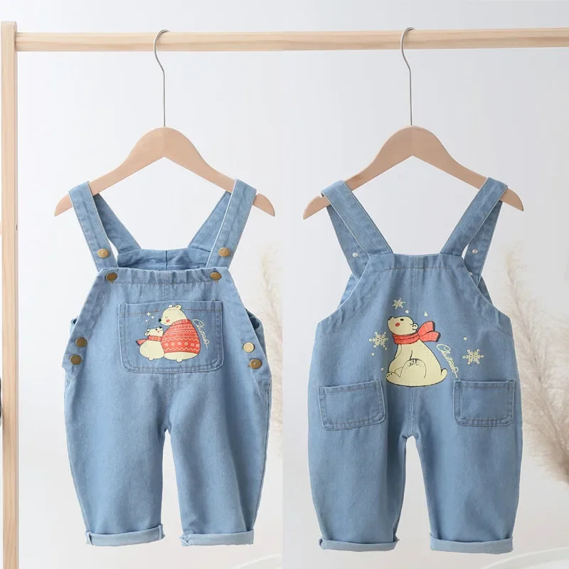 IENENS Boys Jeans Overalls Baby Toddler Girls Loose Denim Dungarees Kids Cartoon Print Jumpsuit 1-4 Years Children Long Pants