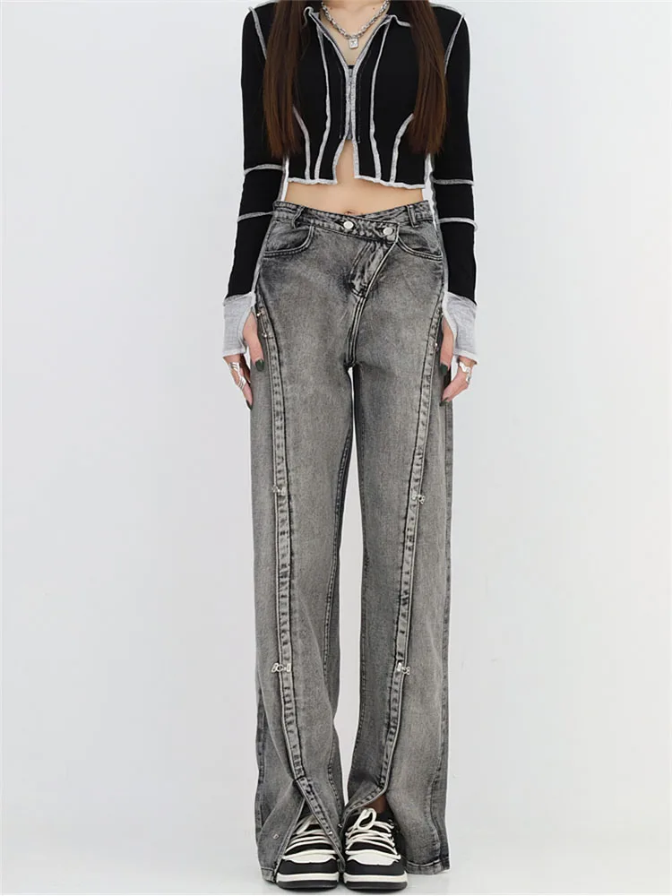 

Women Jeans Grey Flare Pants Front Side Slit Leg 2022 Autumn Winter High Waisted Loose Jeans Full Length Denim Lady Clothes New