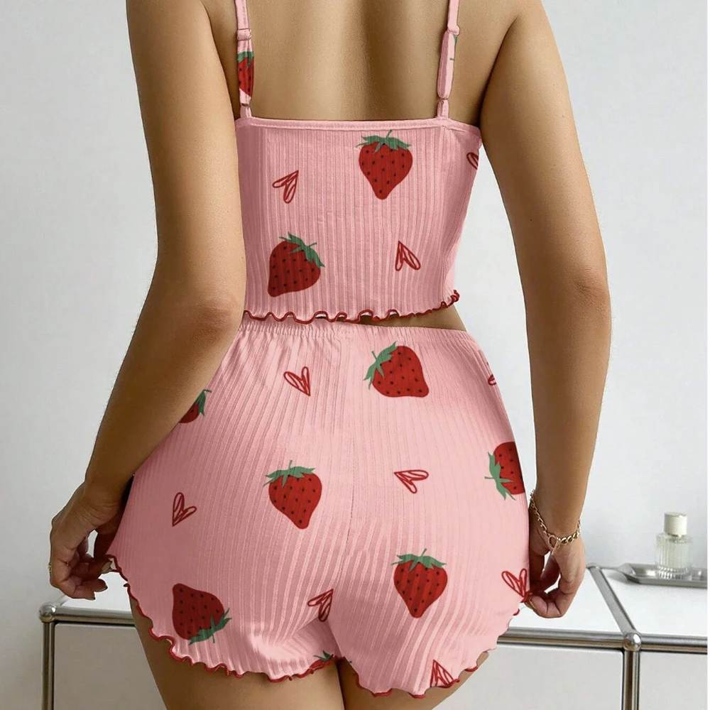 Female Girl Pajamas 2 PCS Set Strawberries Printing Soft Ribbed Fabric Ventilate Soft Trim Casual Top and Shorts Loungewear women pajamas set cotton pajamas set