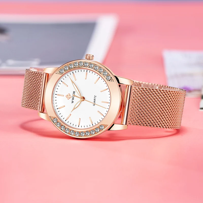 WWOOR Simple Women's Watch Japanese Movement Diamond Elegant Waterproof Rose Gold Stainless Steel Mesh Ladies Quartz Wristwatch