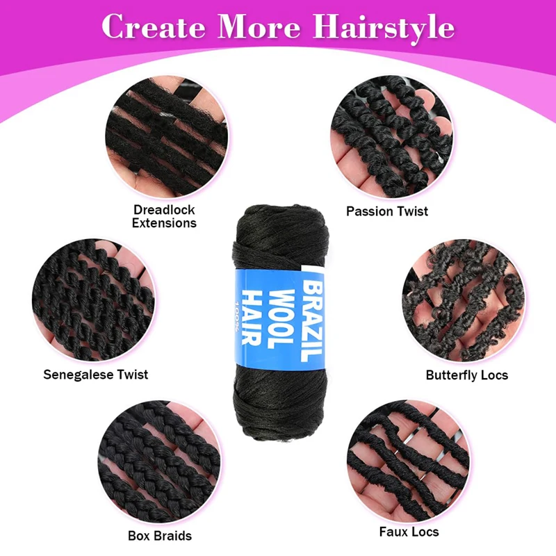 70g/roll Black Brazilian Wool Hair Synthetic Pre Stretched African Hair Yarn for Braiding Hair Extension for Women Black 5