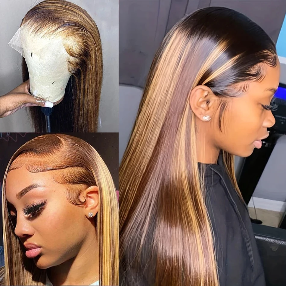 Bone Straight 13x4 Highlight 100% Human Hair Wigs HD Transparent Lace Frontal Wig 13x6 Honey Blonde Brown Pre Plucked For Women 3