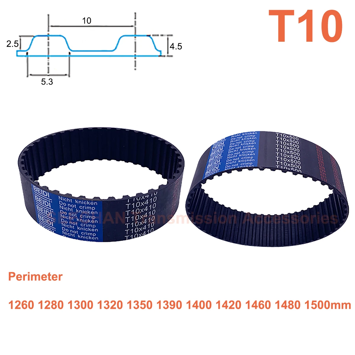 

Trapezoid T10 Synchronous Belt Perimeter 1260mm - 1500mm Rubber with Fiberglass Core Width 15/20/25/30/40/50mm Timing Belt