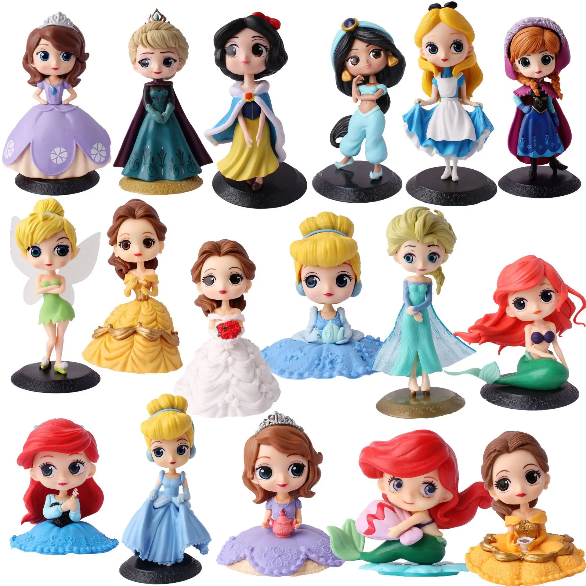 

Bandai Q Posket Disney 10-15cm Princesses Figures Mulan Aladdin Tinker Bell Elsa kawaiii PVC Toy Cake Topper Car Decor Model
