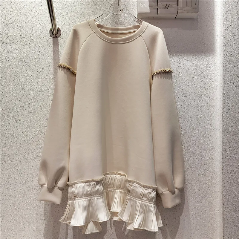 2024 Spring Autumn New Heavy Industry Diamond Ruffle Edge Sweatshirt Women Loose O-neck Doll Coat Top LX061