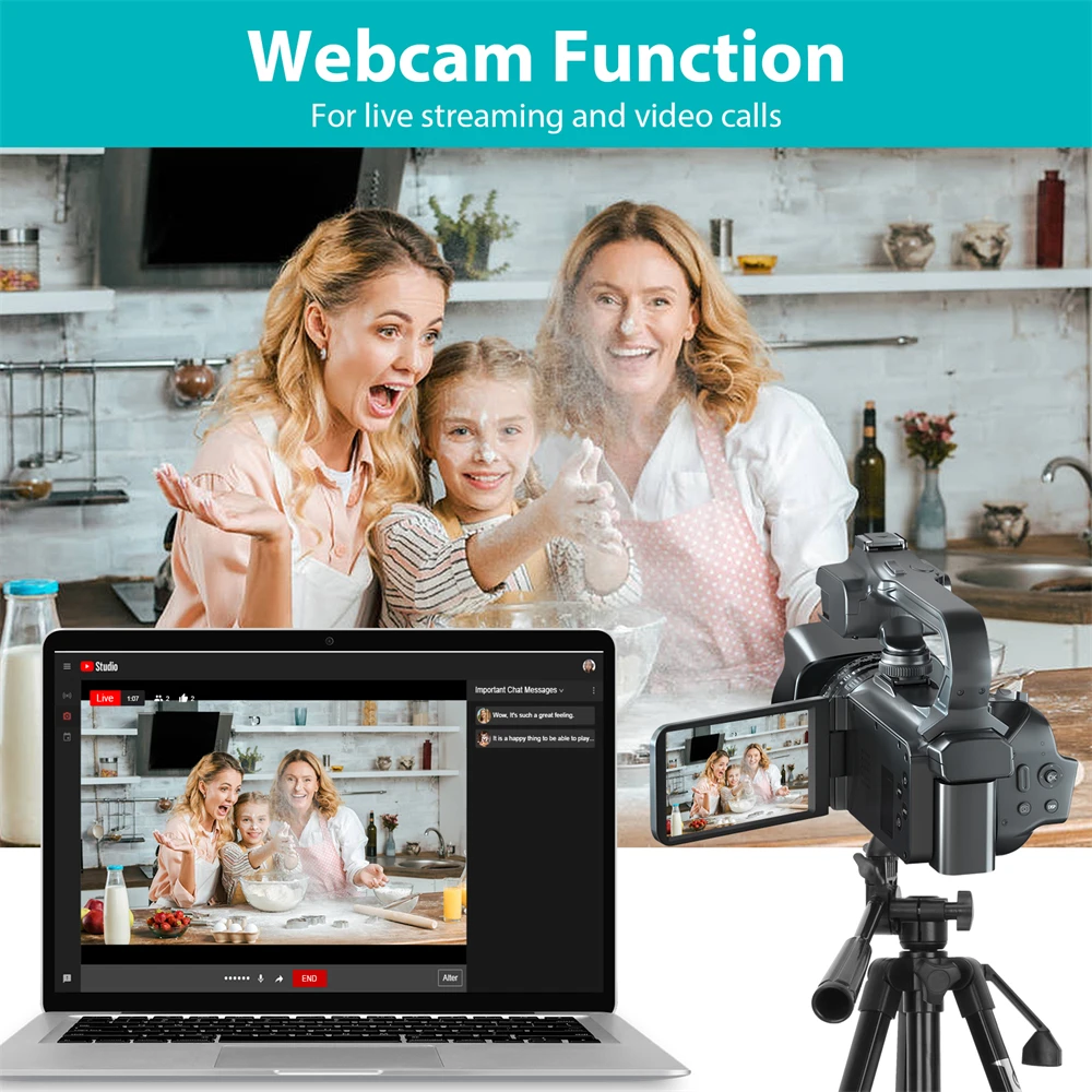 4K, filmadora 64MP, YouTube Live Stream, girar
