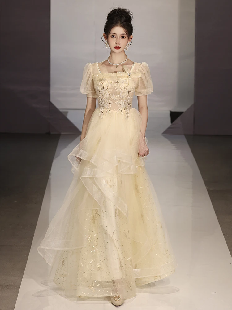

Champagne Prom Dresses Long Elegant Square Neck Floor-Length Tiered Tulle Women Engagement Gowns 2023