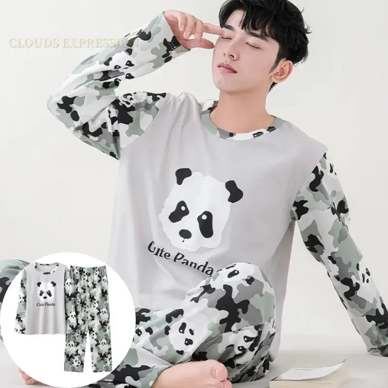 Autumn Winter Men's Cotton Pajamas Letter Plaid Sleepwear Cartoon Pajama Sets Casual Sleep&Lounge Pyjamas Plus Size 4XL Pijama