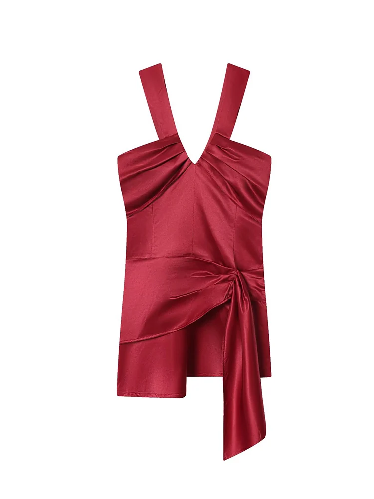 2026 Spaghetti Strap Dress For Women Backless Folds V-neck Short Dresses Female Causal Streetwear Fashion Sashes Mini Dress