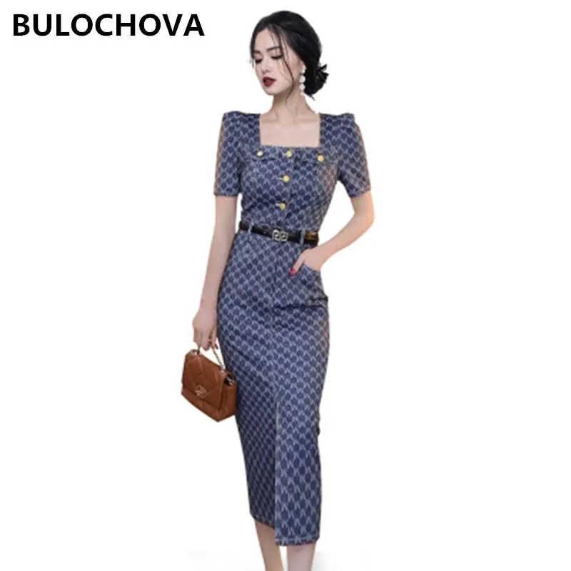 

Женское длинное платье с квадратным вырезом BULOCHOVA, элегантное облегающее платье с коротким рукавом в Корейском стиле, лето 2023