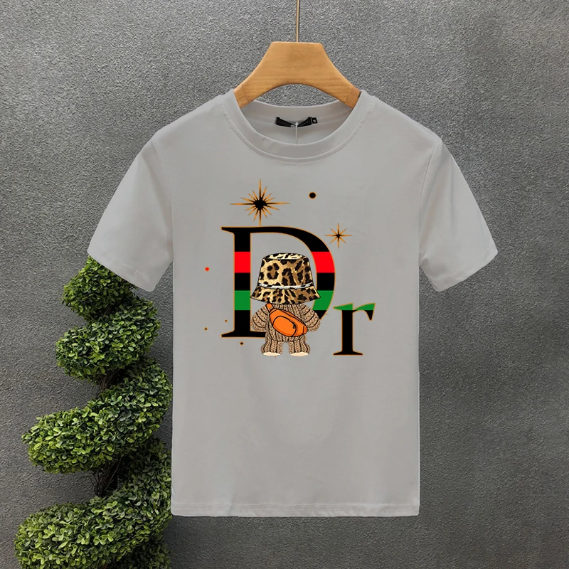 Summer American Tide Brand Dr Letter Leopard Print Back Bear Men's And Women's Casual Cotton Short Sleeve T-shirt_voghion.com