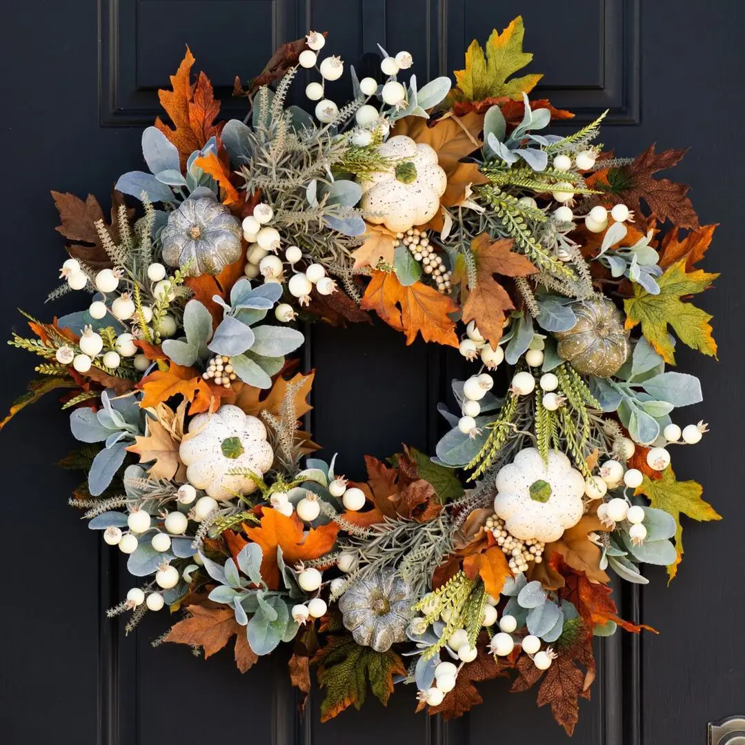 Kunstmatige Herfst Deurkrans - Val Decoratie Met Pompoenen, Esdoornbladeren & Zonnebloemen, 50 Cm, Voor Halloween & Thanksgiving