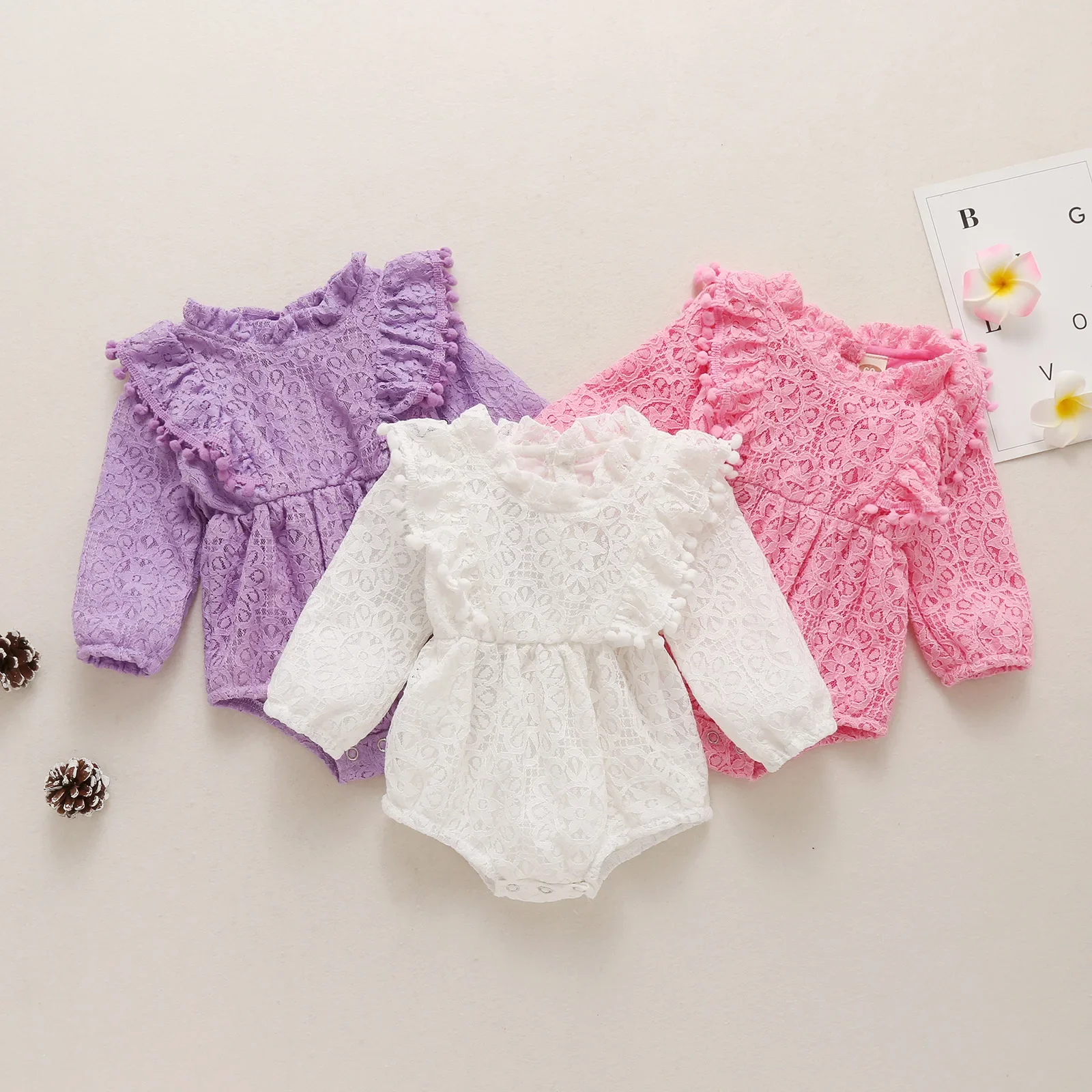 

Spring Fall Standing Collar Baby Bodysuits Onesie Long-Sleeved Hollow with Hairball Ruffled Edge Crawling Clothing Girls Baby