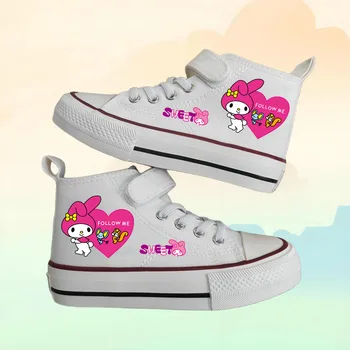 Hellokitty Melody Kuromi Children's Canvas Shoes Girls High Top Sneakers Breathable Flat Bottomed Students Kids Casual Shoes