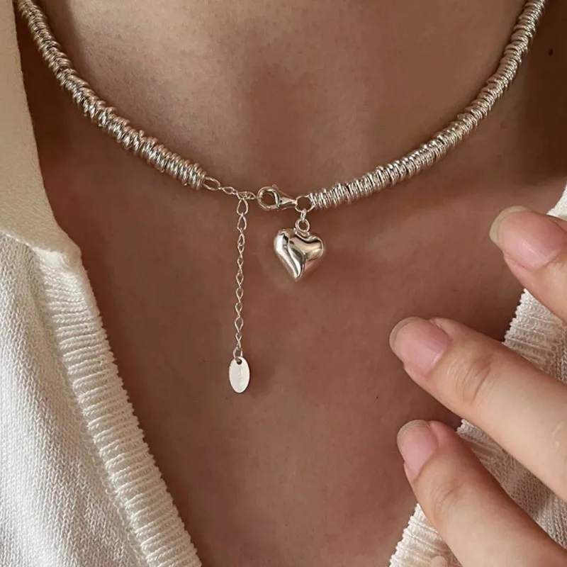 Silver Color Love Heart Pendant Thick Chain Necklace for Women Sexy Trendy Clavicle Choker Jewelry Gifts