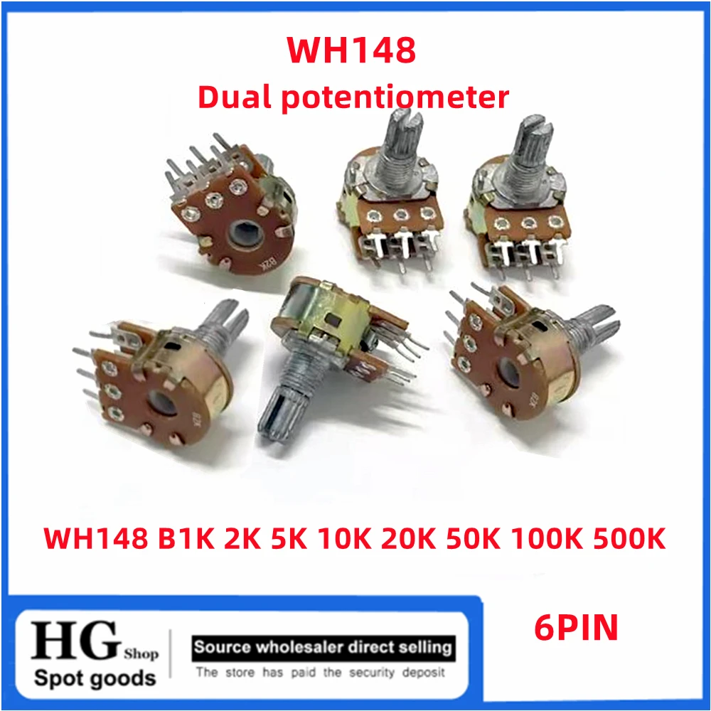 

5PCS/Lot WH148 B1K 2K 5K10K 20K 50K 100K 250K 500K 1M Ohm 6 Pin 15mm 20mm Shaft Amplifier Dual Stereo Potentiometer