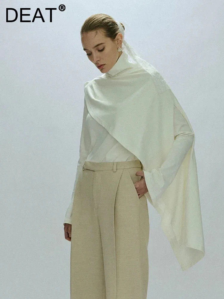 

Женская Однотонная футболка-водолазка DEAT, хлопковая водолазка с расклешенным рукавом, топ-шаль из 2 предметов, весна 95%