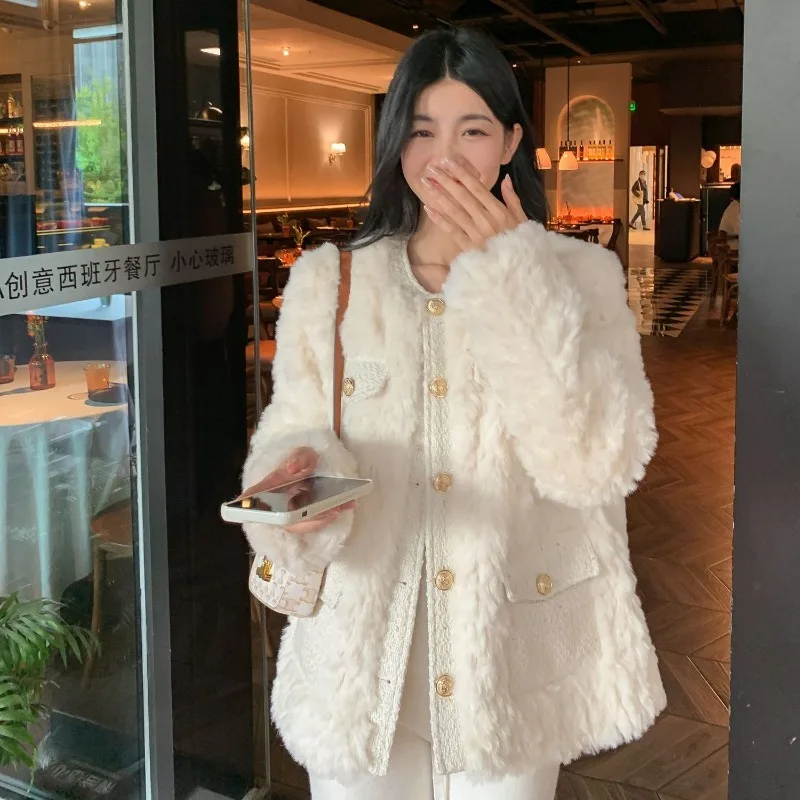 2023 Winter New Women Faux Fur Coat Loose Thicken Warm Short Outwear Temperament Round Collar Outcoat Casual All-match Jacket