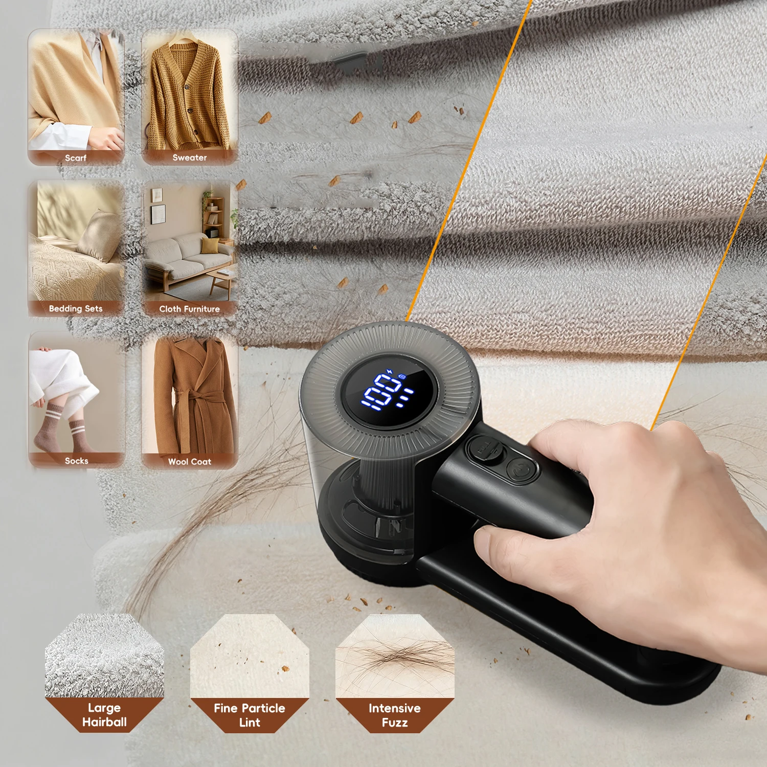 Rechargeable portable electric hairball trimmer, electric fabric hair removal device, with digital display and 3-speed adjustmen