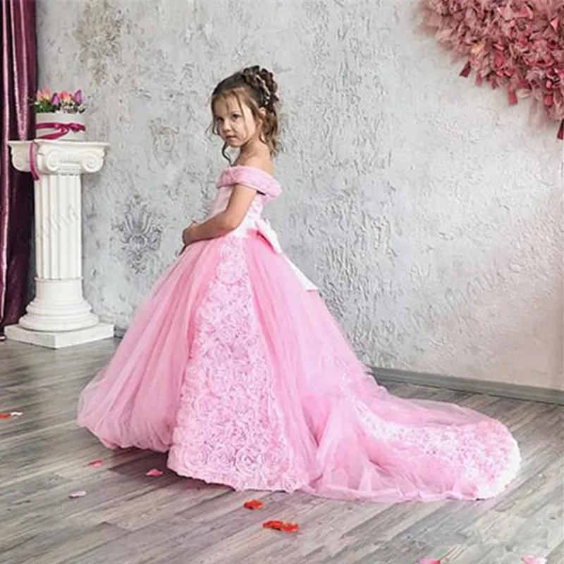 

Pink Flower Girl Dress For Wedding Off Shoulder Applique Elegant Tulle Fluffy Birthday Evening Party Junior Bridesmaid Gowns