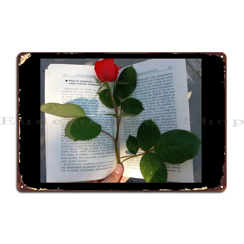

Роза на книге, металлический плакат с табличкой, ржаво, создает дизайн, фотоэлемент плаката