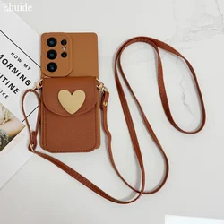Love Wallet Lanyard Case with Crossbody Strap - Fashion Leather Bag Cover - S24 Plus (Brown)