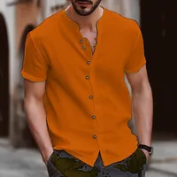 Retro Style Summer Men's Casual Cotton Linen Shirt Mock Neck Solid V-Neck Short Sleeve Loose Top Handsome Shirt US Size - Image 5