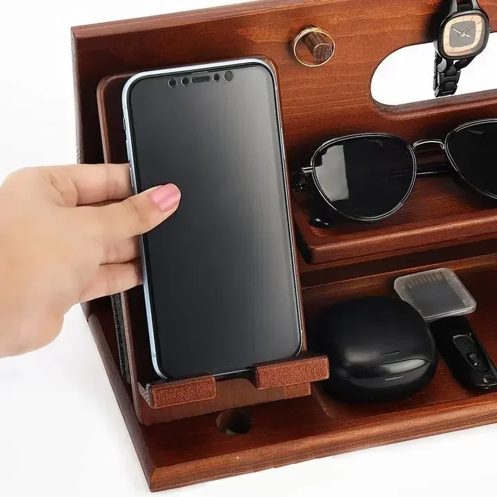 New Wood Phone Docking Station Holder Wallet Stand Watch Storage Rack Valentines Multifunctional Bedside Organizer