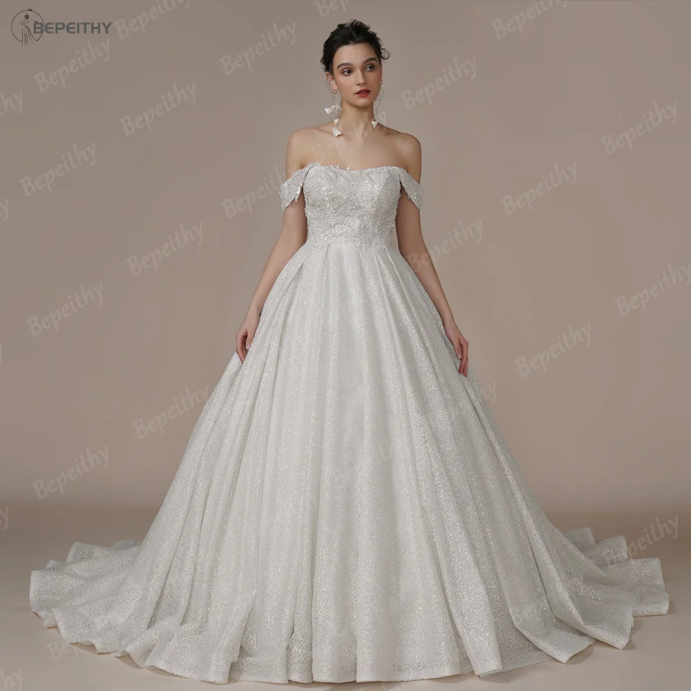BEPEITHY Customized Luxury Strapless A Line Glitter Wedding Dresses Off The Shoulder Women Ivory Bling-Bling Bride Bridal Gown 6
