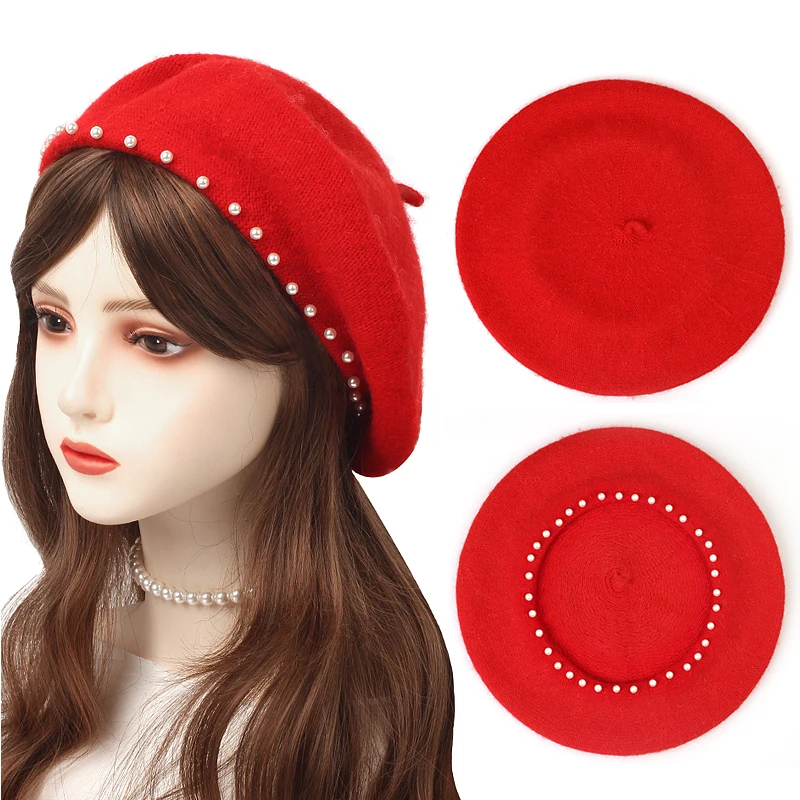 Women Elegant Pearl Beret Hat Fashion Cashmere Autumn Winter Retro Girl Berets French Artist Flat Fashion Lady Vintage Cap